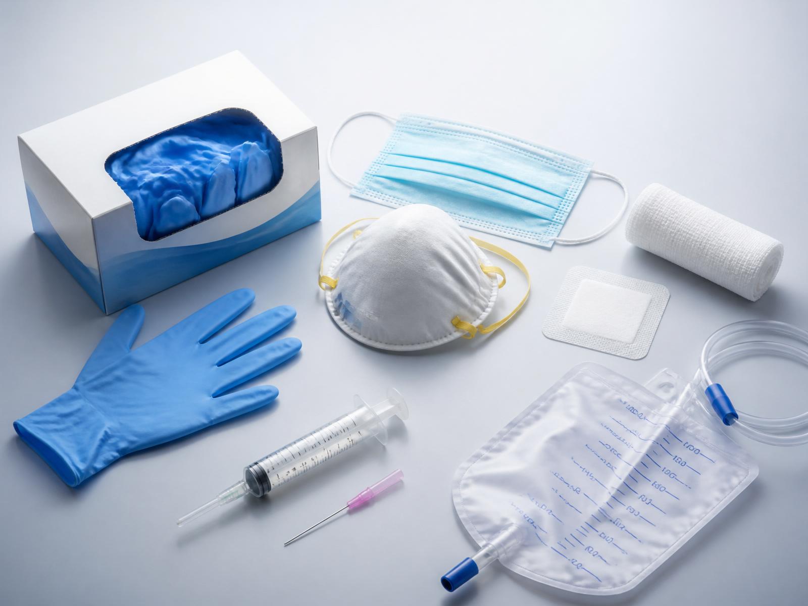 Nexus medical supplies — gloves, masks, N95 respirator, gauze, dressings, syringes, needles and urine bag arranged on a clean studio background
