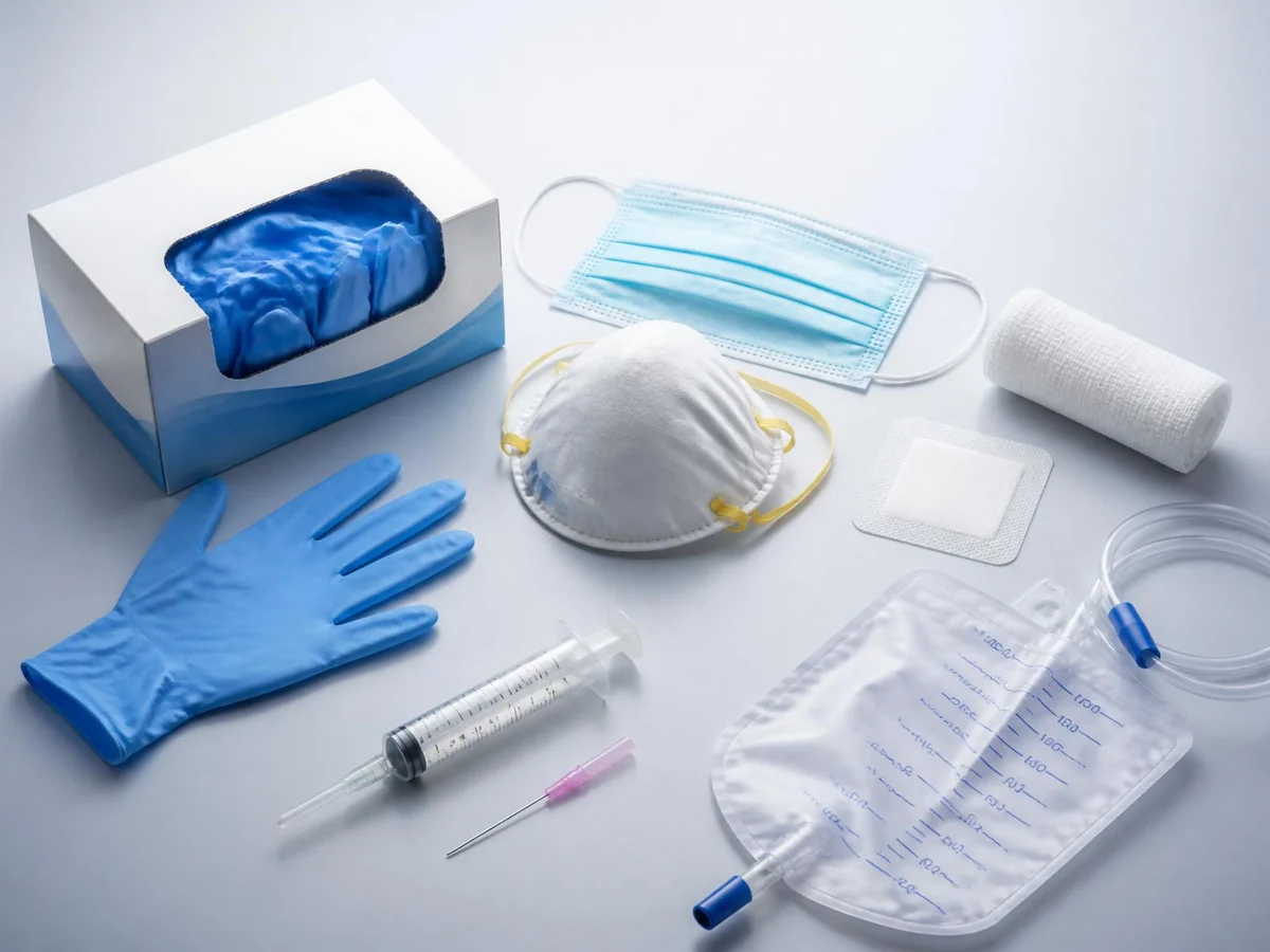 Nexus medical supplies — gloves, masks, N95 respirator, gauze, dressings, syringes, needles and urine bag arranged on a clean studio background